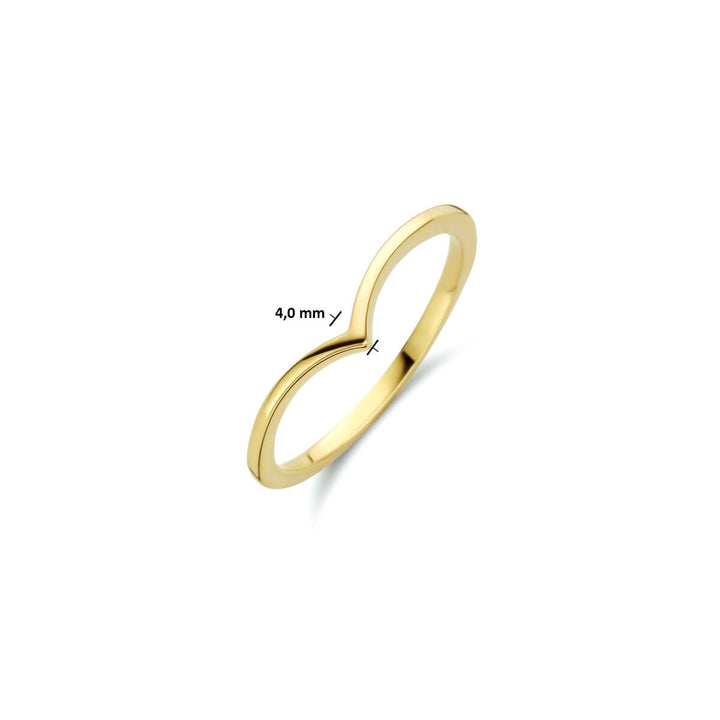 De ring 14K geelgoud van Van der Kooij Collectie heeft een subtiele gebogen V-vorm in het midden met een diepte van 4,0 mm, afgebeeld op een witte achtergrond en weerspiegelt de elegante ontwerpstijl van het merk.