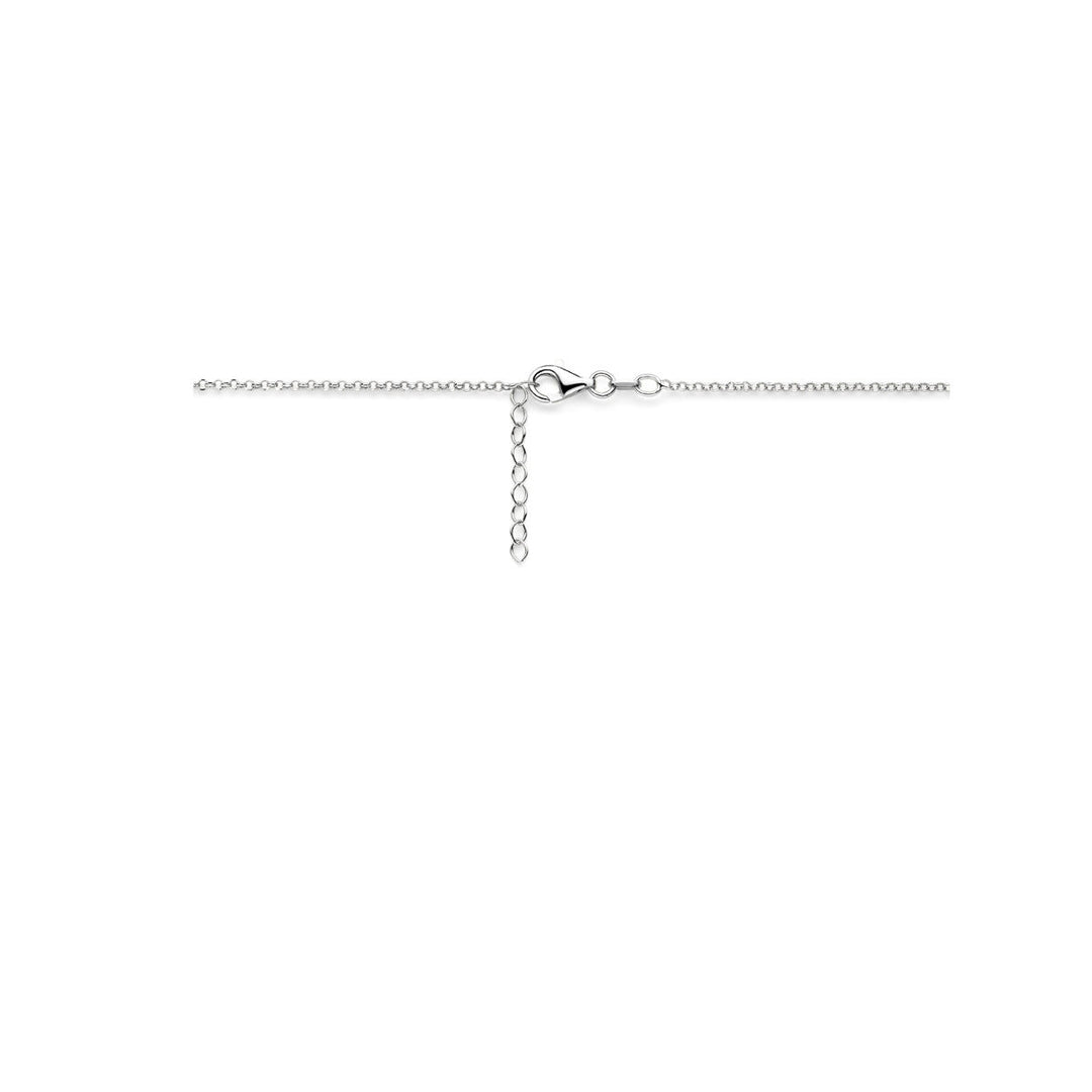 De Van der Kooij Collectie collier veer is een gerhodineerd zilveren collier, 40,5 + 3 cm, met jasseron schakel en verstelbare sluiting, afgebeeld op een effen witte achtergrond.