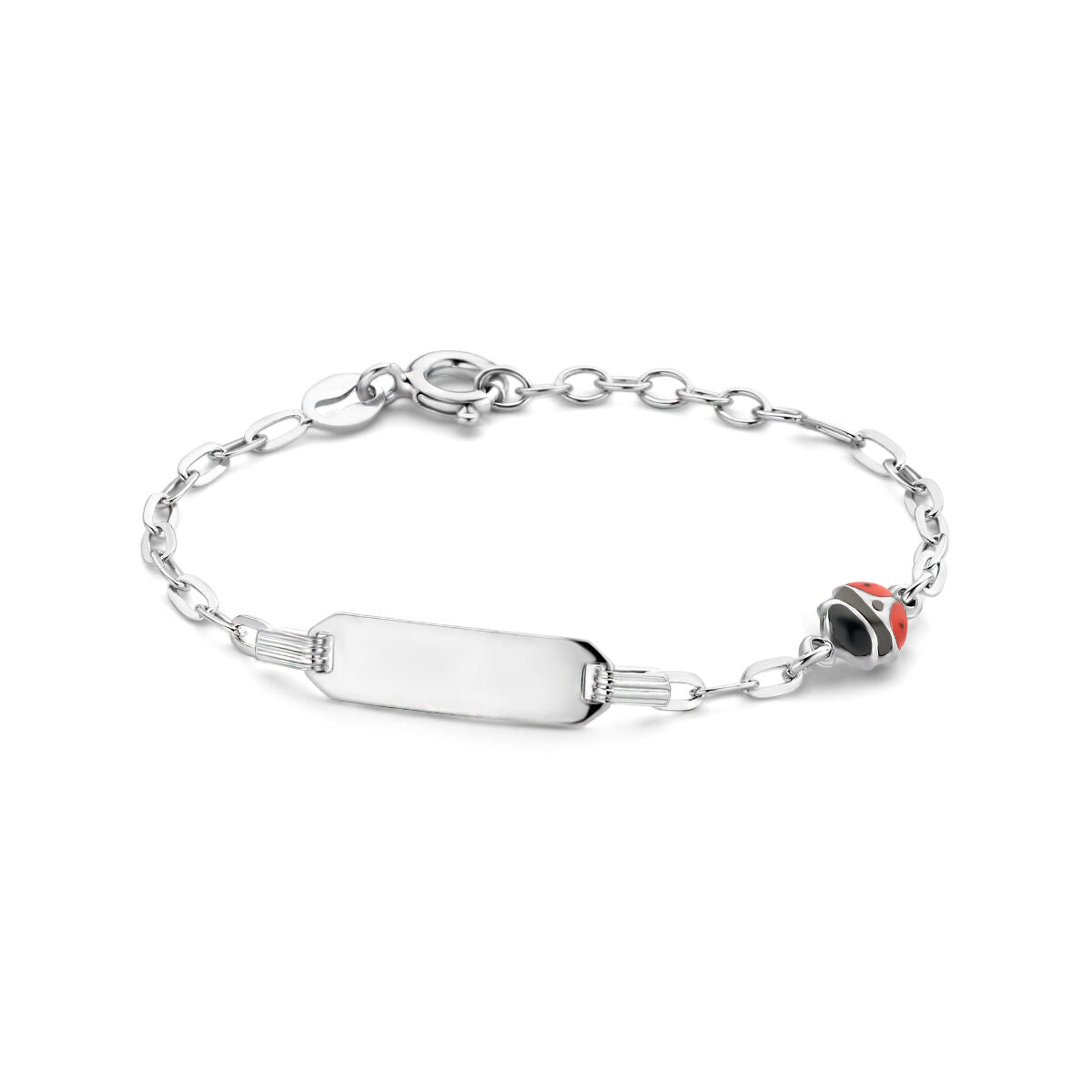 Baby-Armband aus rhodiniertem Silber mit gravierbarem Plättchen und einem Marienkäfer-Anhänger
