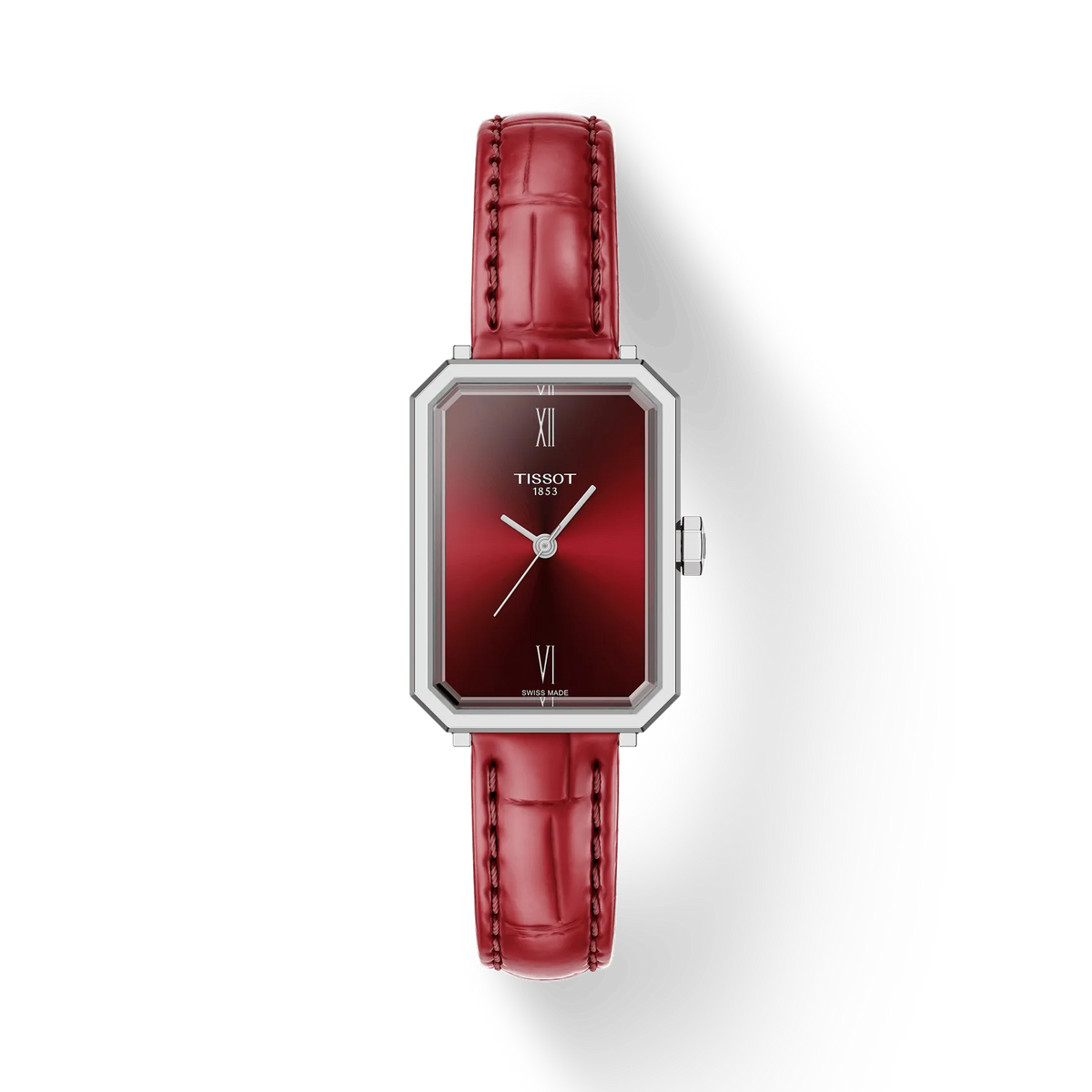 Damenarmbanduhr mit rotem Zifferblatt, silbernem Gehäuse und rotem Lederarmband