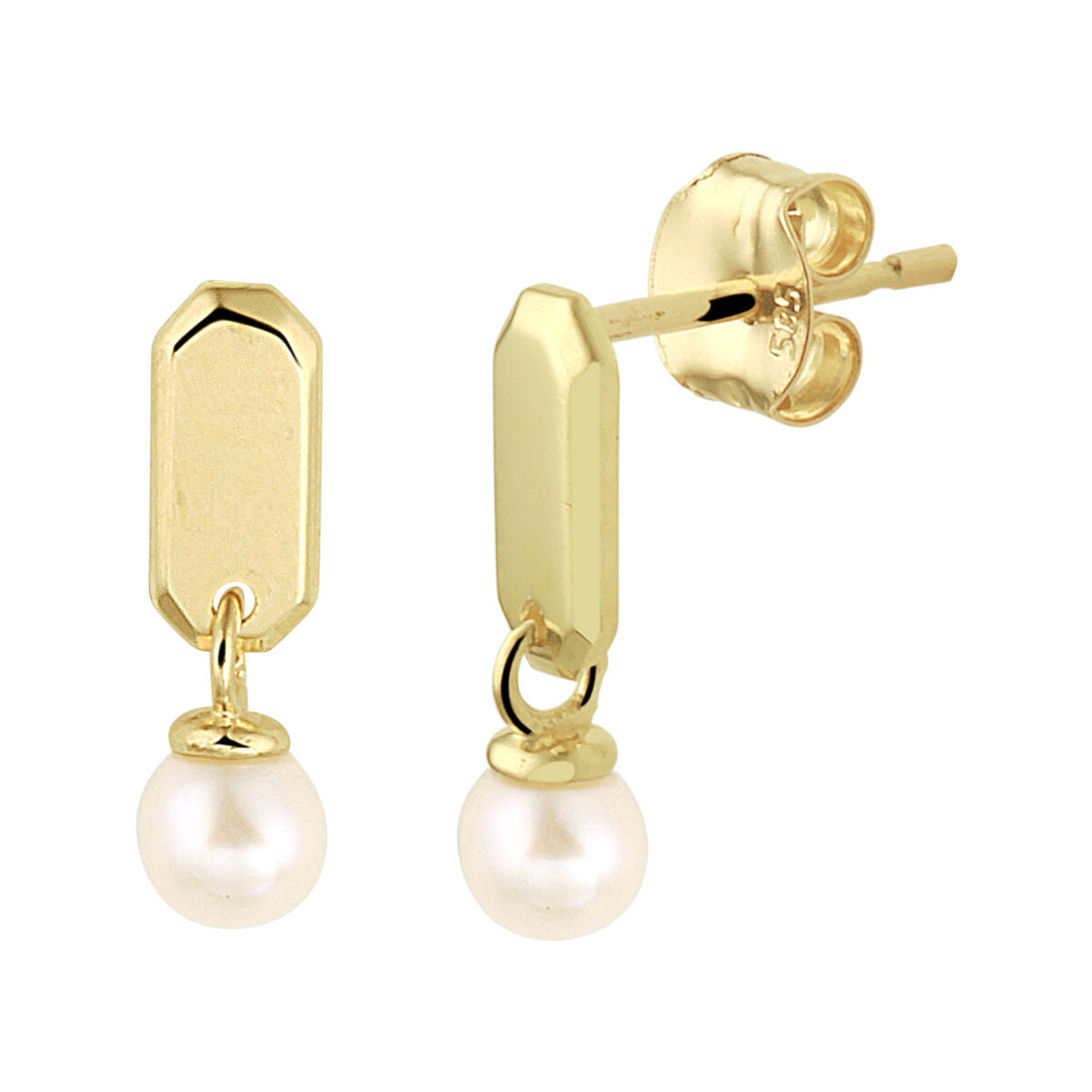 Ohrhänger aus 14K Gelbgold mit einer runden Perle und rechteckigem Anhänger
