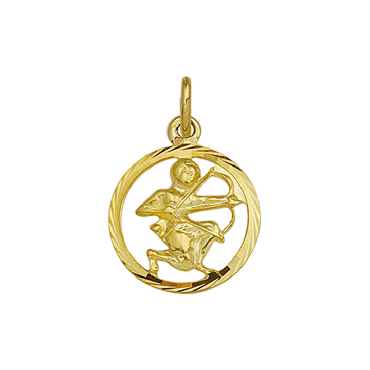 De Van der Kooij Collectie hanger sterrenbeeld gediamanteerd 14K geelgoud toont Sagittarius als centaur met boog in een getextureerd rond montuur, een stijlvol uniseks sieraad voor elk sterrenbeeld.