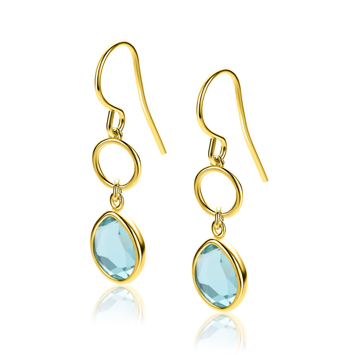 Goldplated Ohrringe mit ovalem, blauem Edelstein und geschlossenen Kreisen aus vergoldetem Metall