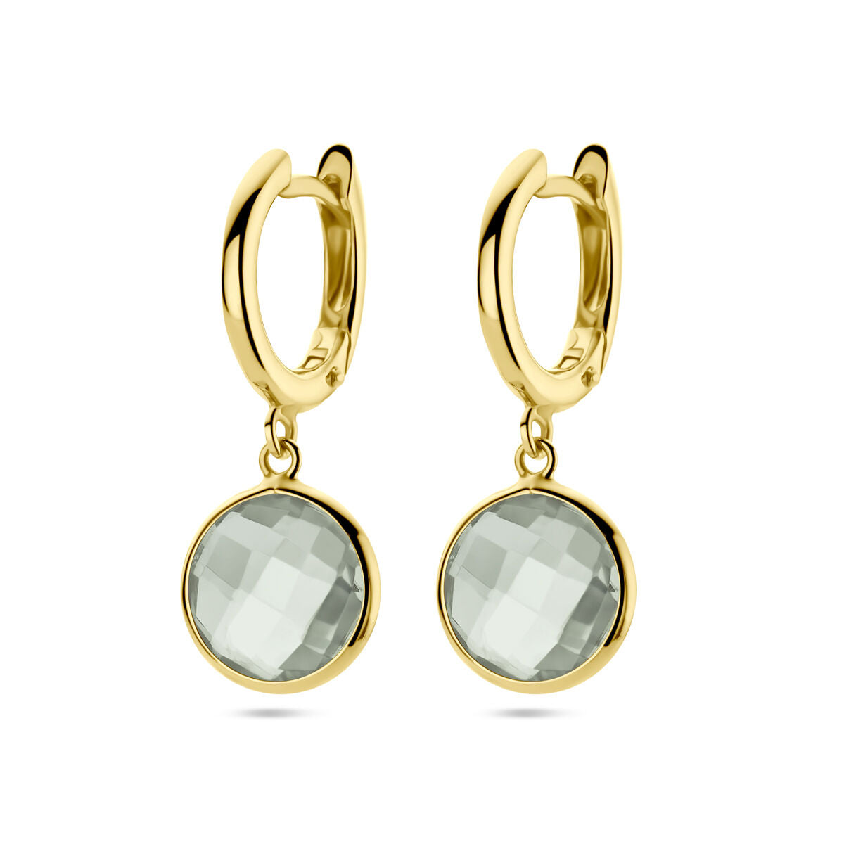 Klapp-Ohrringe aus 14K Gelbgold mit grünem Amethyst und facettiertem Anhänger