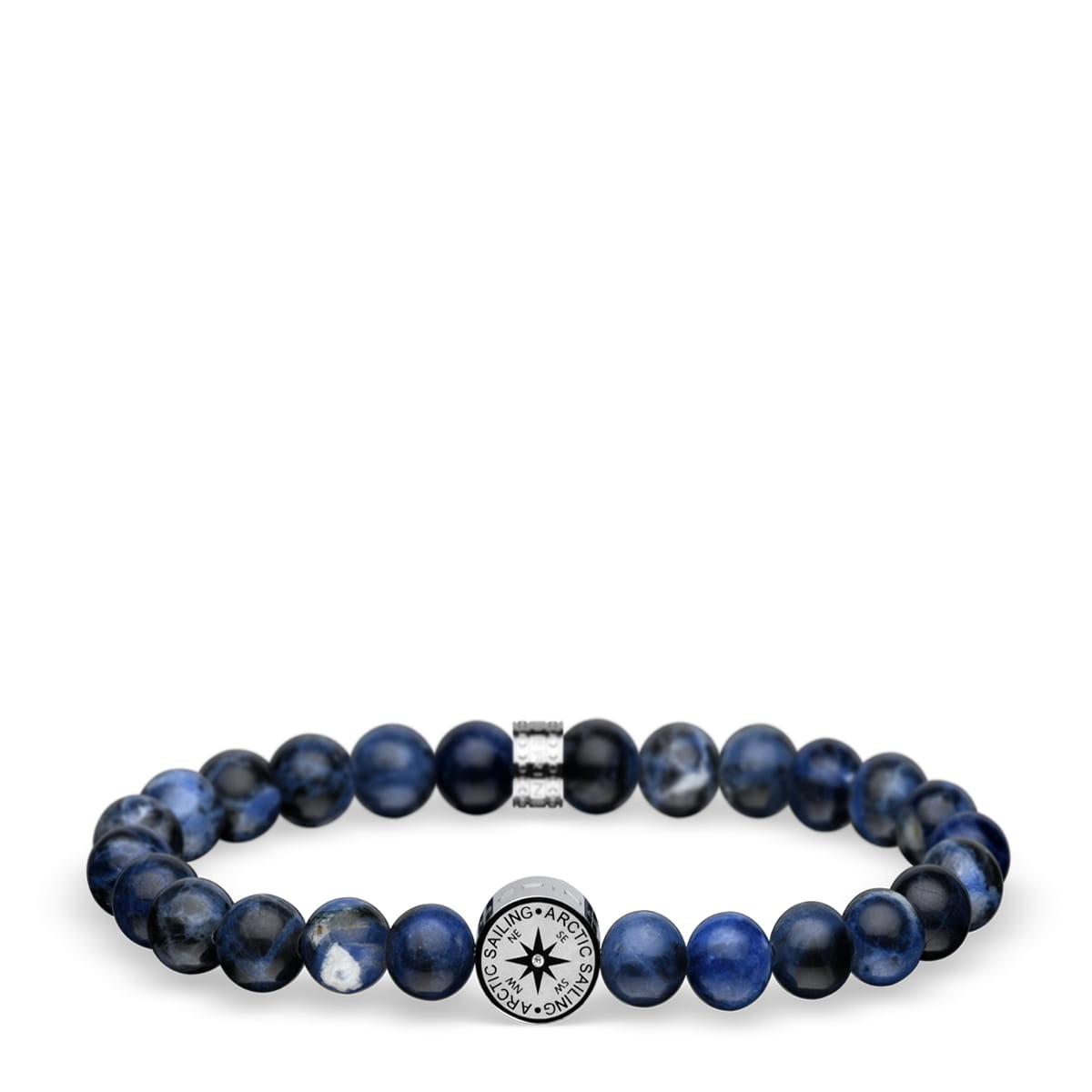 Armband aus blauen Steinperlen mit silberner Kompass-Detail.