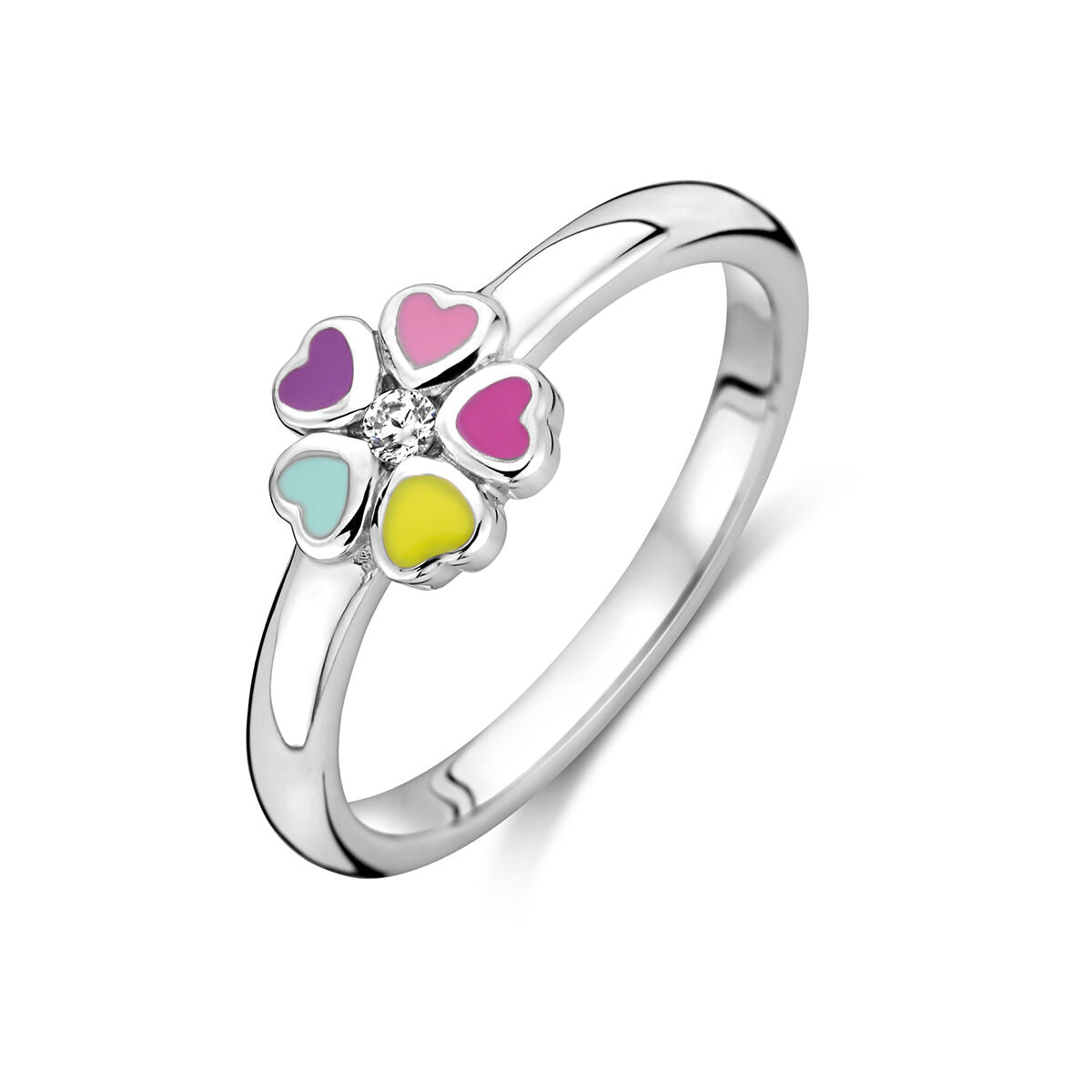 Ring aus rhodiniertem Silber mit blühendem Design und bunten Herzchen aus Zirkonia