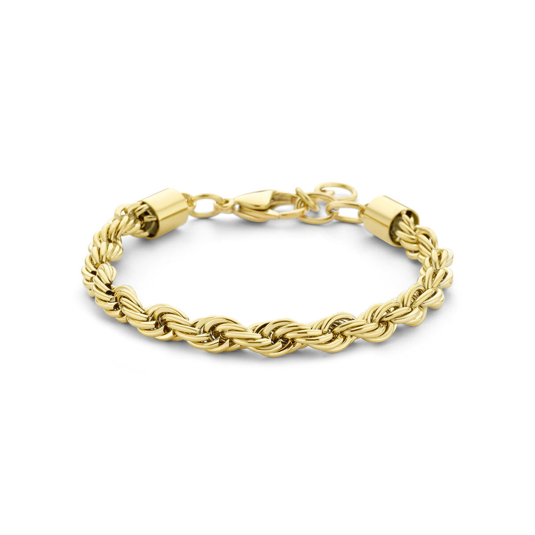 De Van der Kooij Collectie armband koord 5,7 mm (17 + 3 cm) is een goudkleurige ion plating edelstalen damesarmband met touwketting, karabijnsluiting en gepolijste afwerking, stijlvol getoond op een witte achtergrond.