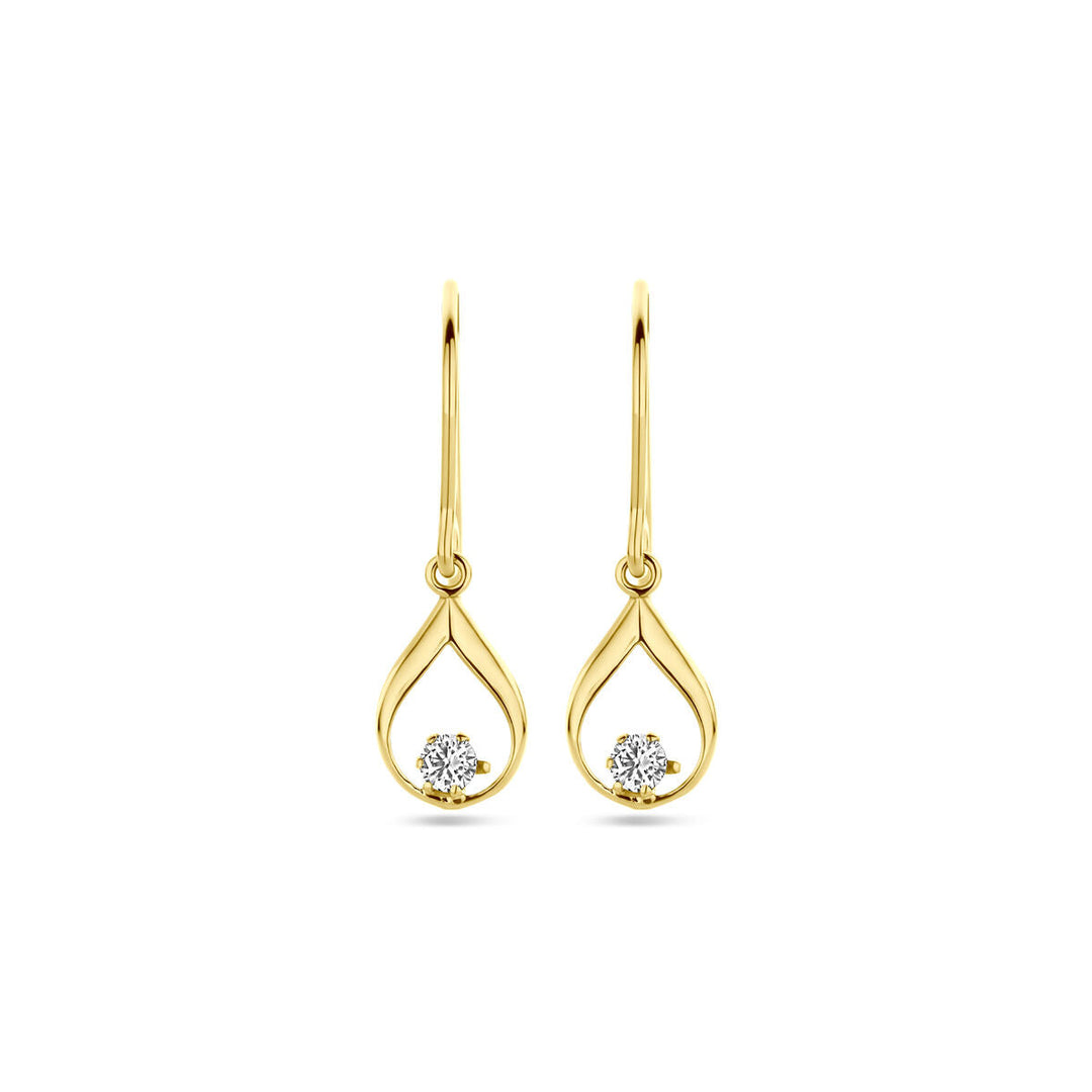 Deze oorhangers franse haak zirkonia 23 mm van de Van der Kooij Collectie zijn vervaardigd uit 14K geelgoud met een traan open frame en subtiel zirkonia-steentje, en hebben een tijdloos elegant ontwerp.