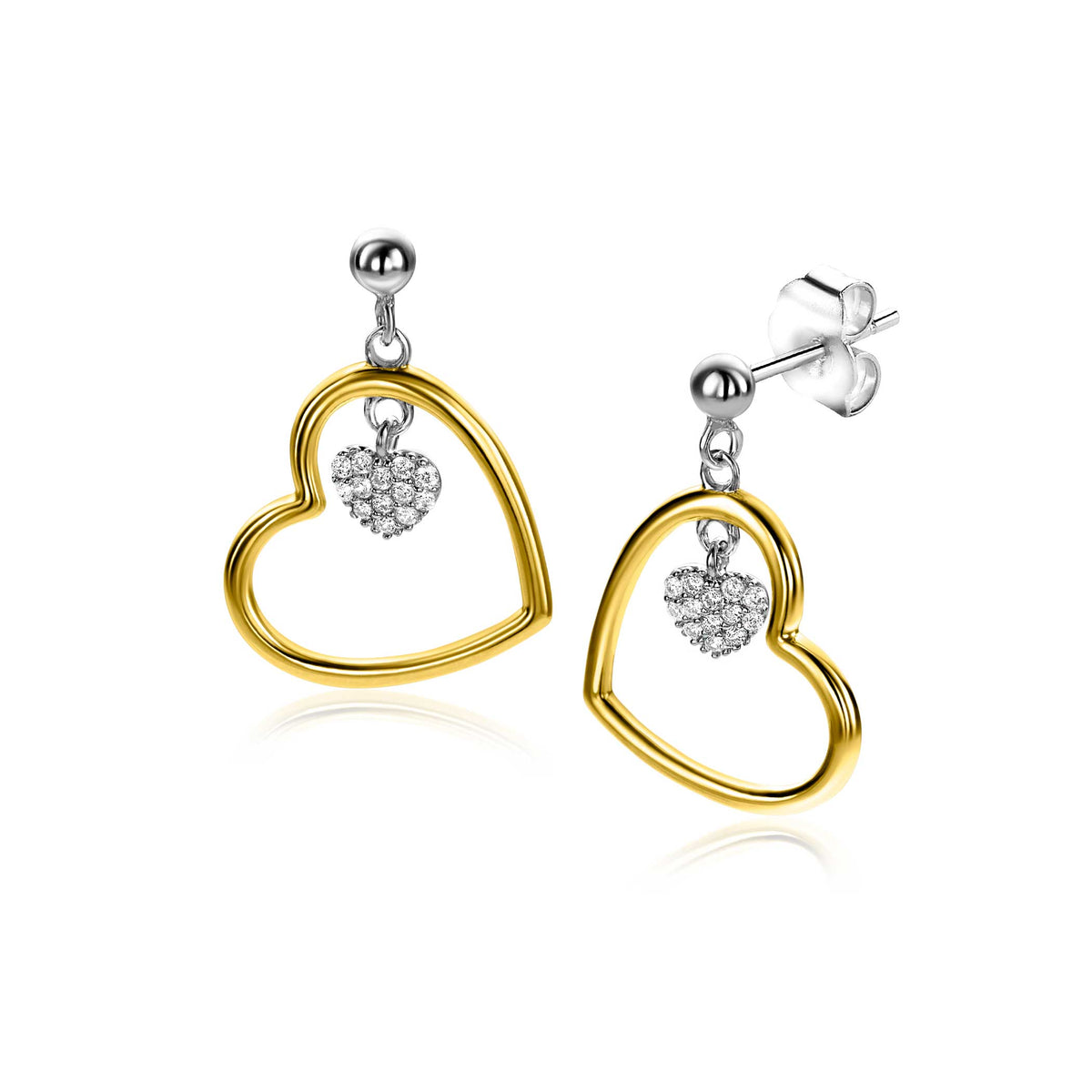 Ohrringe aus Silber mit goldplattiertem Herz und kleinen Zirkonia-Steinen
