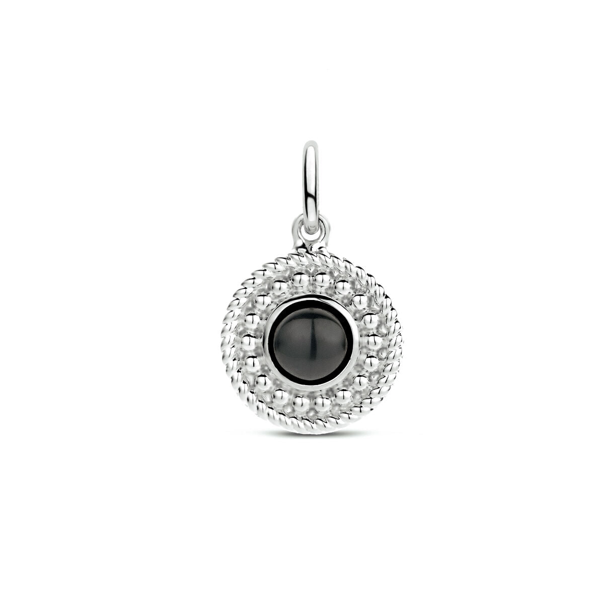Runder Anhänger aus rhodiniertem Silber mit schwarzem Onyx und funkelndem Zirkonia-Rand