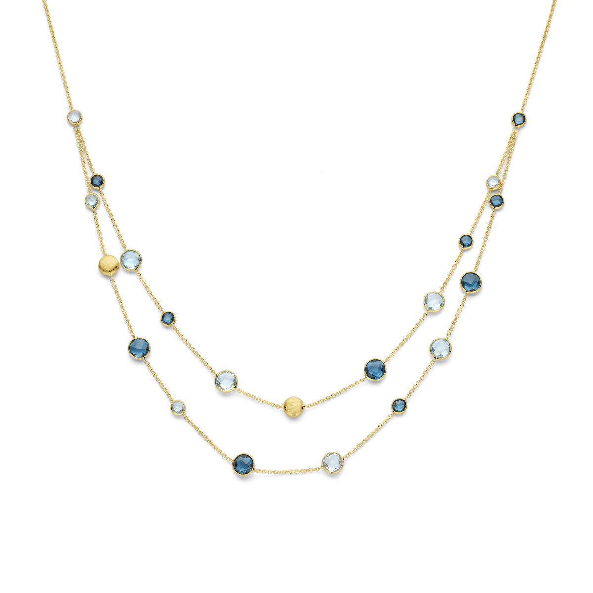 Collier aus 14K Gelbgold mit runden, hellblauen und dunkelblauen Topasen, 45 cm lang