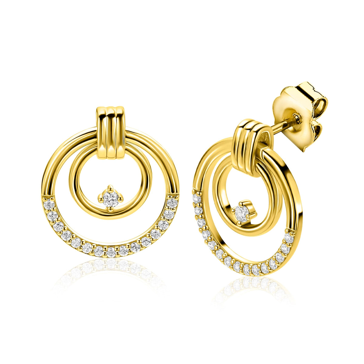 Goldplattierte silberne Ohrstecker mit zwei Ringen und weißen Zirkonia-Steinen