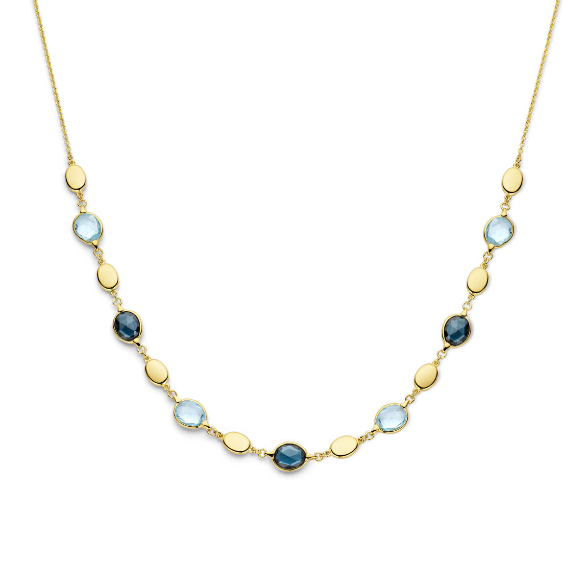 Collier aus 14K Gelbgold mit hellblauen und dunkelblauen Topasen, 43 cm lang