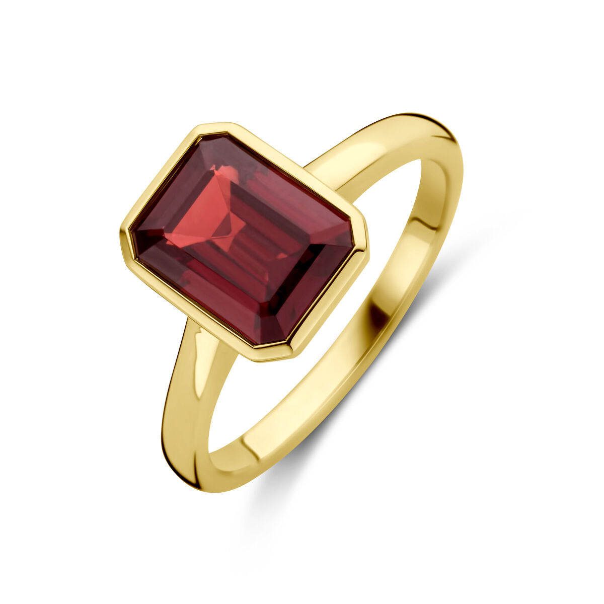 Ring aus 14K Gelbgold mit rechteckigem Granat in roter Farbe