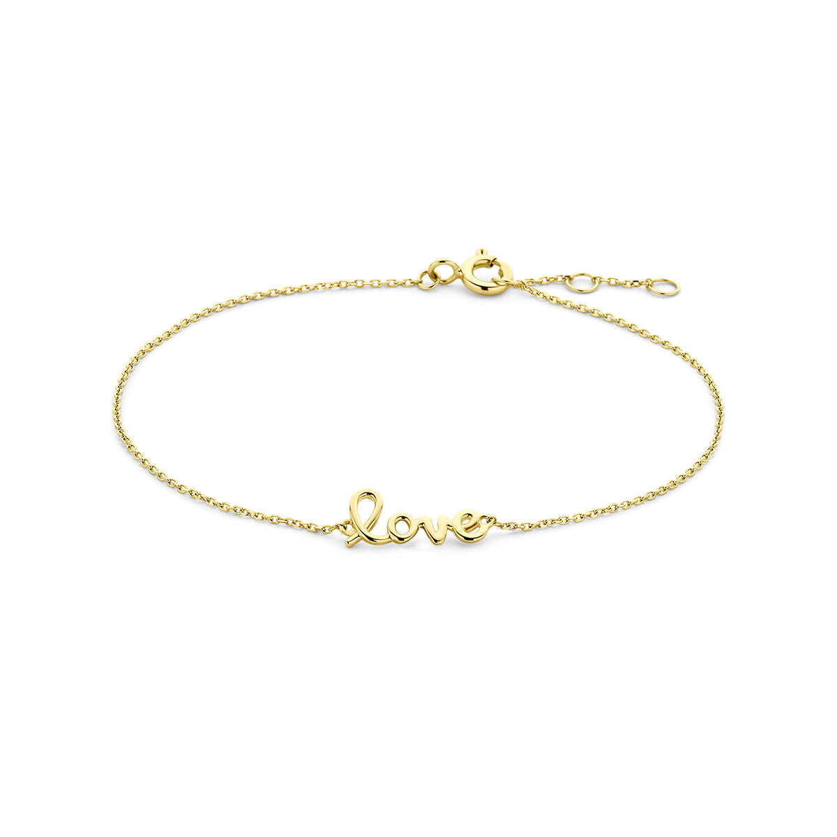 Armband aus 14K Gelbgold mit dem Schriftzug "love" in geschwungener Schrift, verstellbar von 16,5 bis 18,5 cm