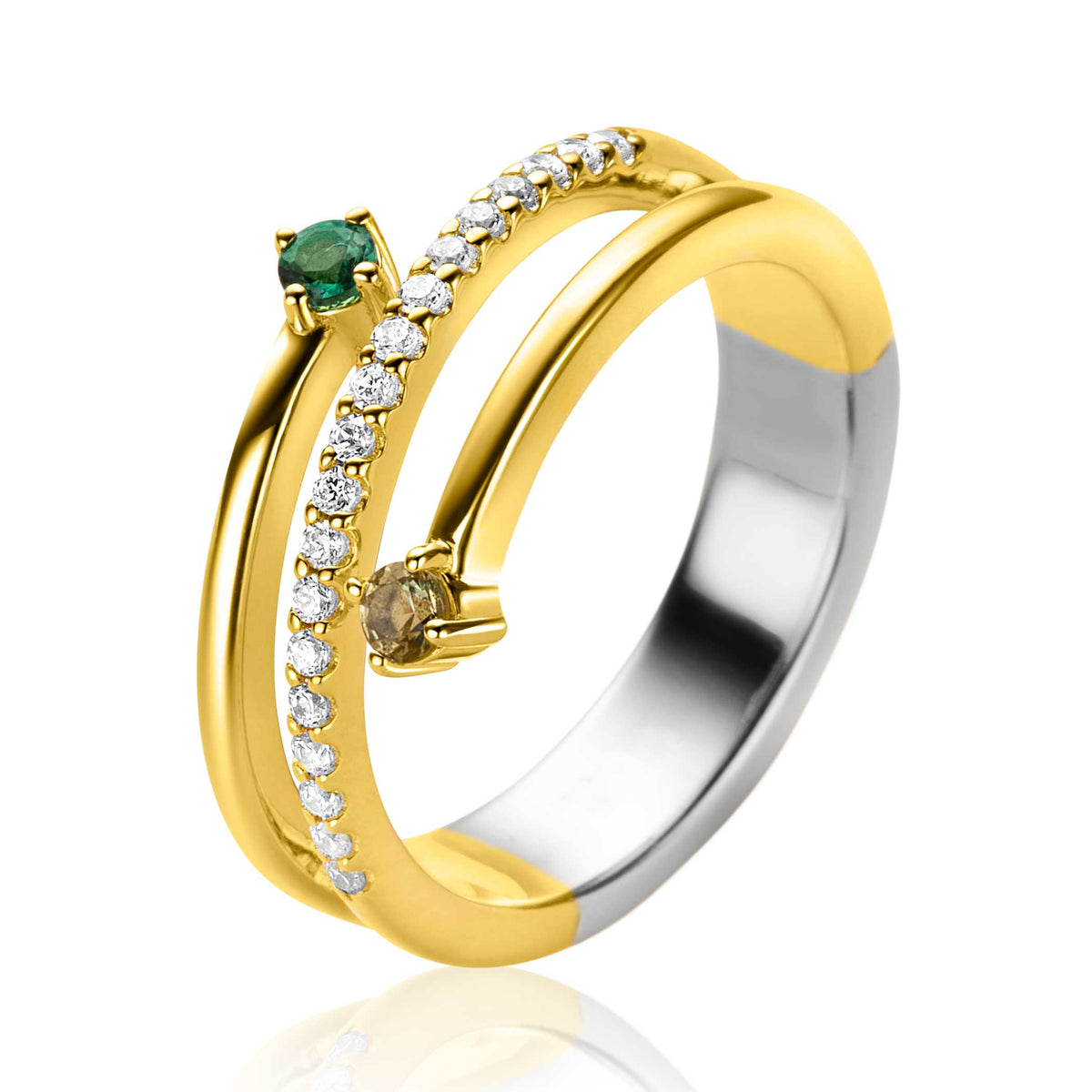 Ring aus Silber mit gelbvergoldetem Design, besetzt mit grünen und weißen Edelsteinen
