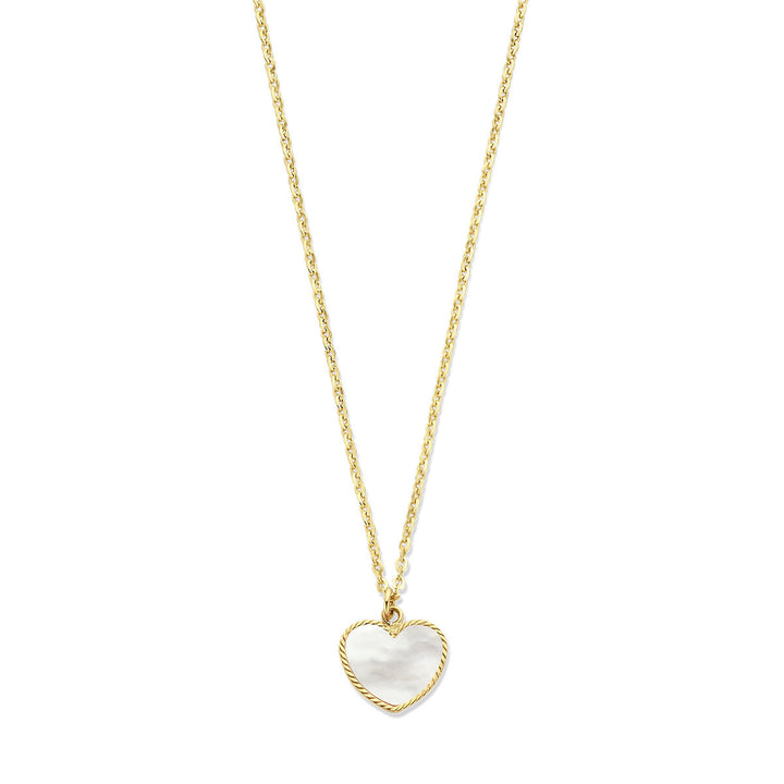 Het Van der Kooij Collectie collier hart parelmoer 40-42 cm is een 14K geelgouden damesketting met een schitterende hartvormige parelmoer hanger en verfijnde gouden rand.