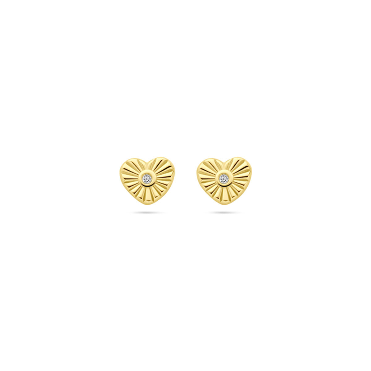 Ohrstecker in Herzform aus 14K Gelbgold mit einem Zirkonia von 4,5 mm und strukturiertem Design
