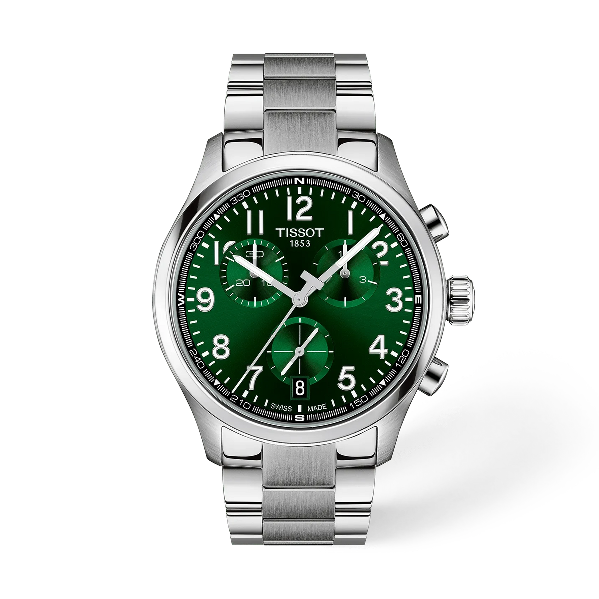 Chronograph mit grünem Zifferblatt, silbernem Gehäuse und Edelstahlarmband