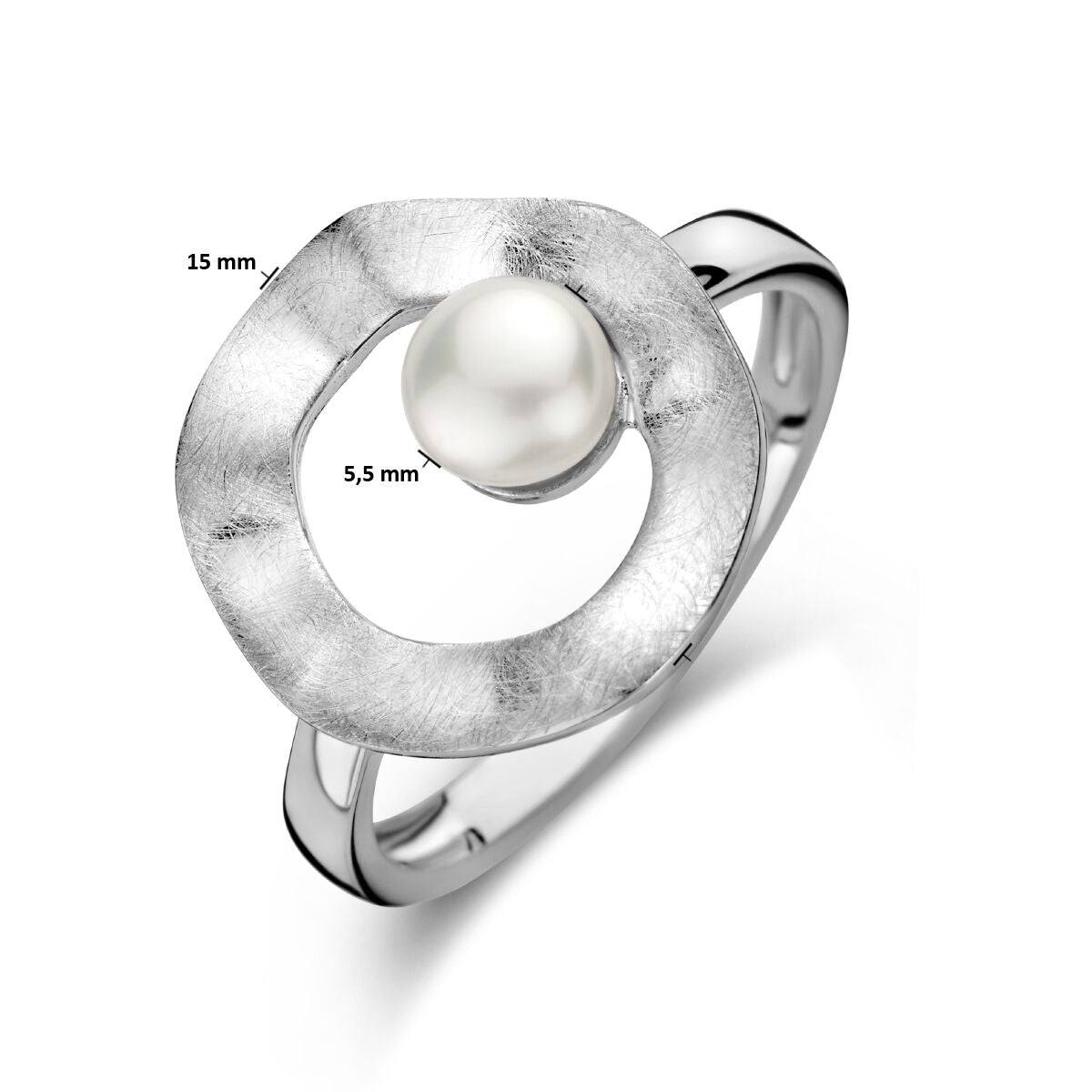 Van der Kooij Collectie ring rondje parel gescratcht: zilver gerhodineerd, open cirkel design met witte parel (5,5 mm) in het midden; diameter 15 mm.