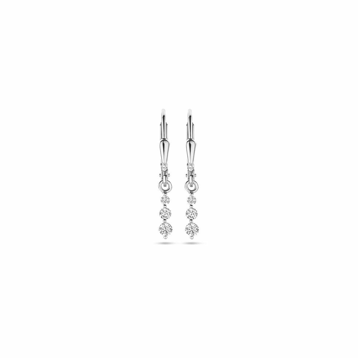 Ohrhänger aus rhodiniertem Silber mit Zirkonia, 24 mm lang, mit hängenden Elementen.