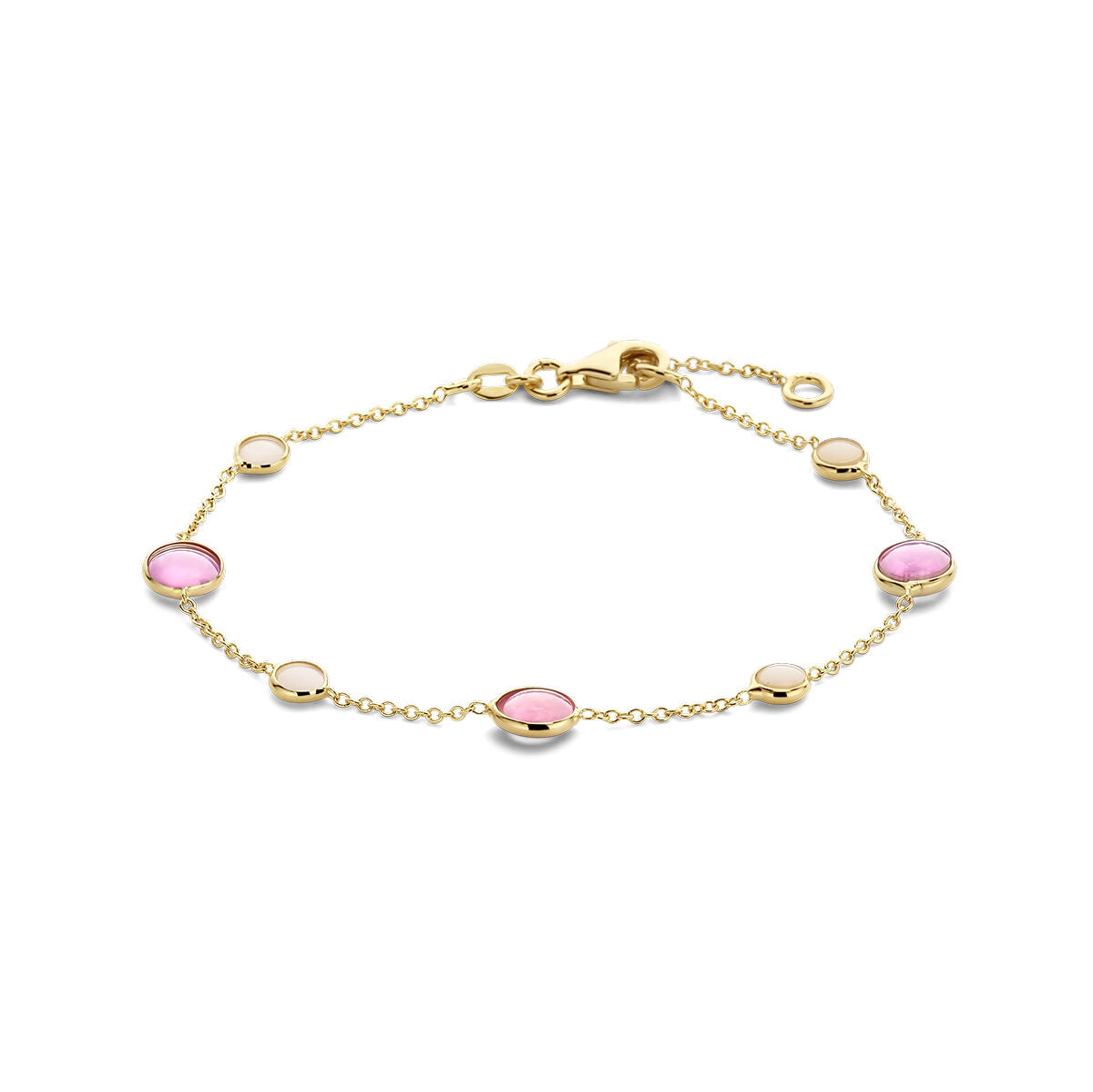 Armband aus 14K Gold mit rosa Rubin und rosa Opal, runde Steine in goldenen Fassungen