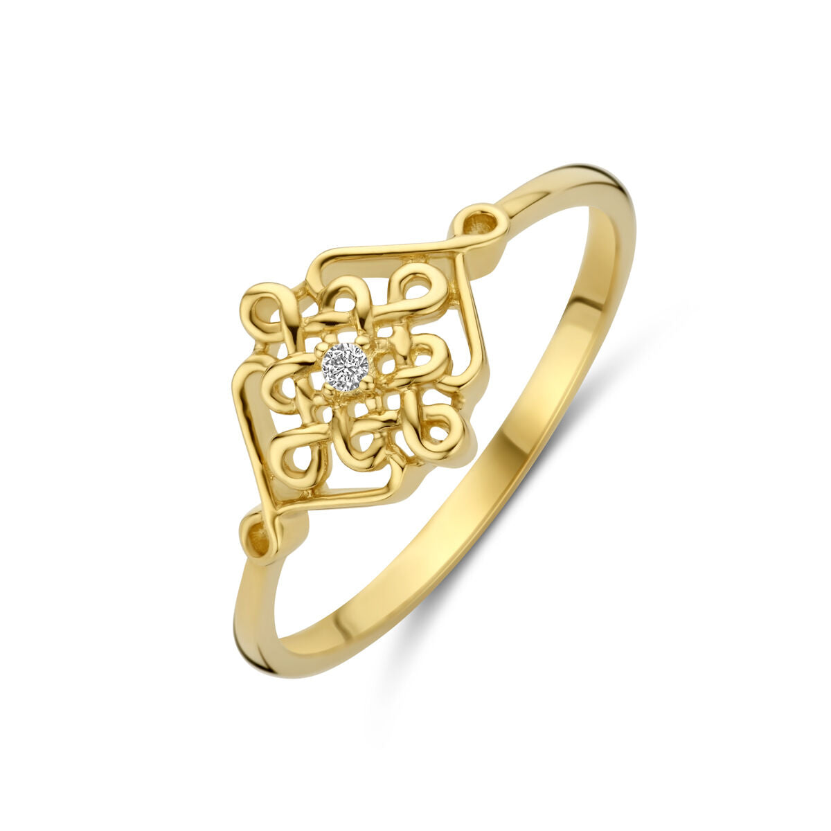 Ring aus 14K Gelbgold mit Zirkonia und filigranem, ornamentalen Design