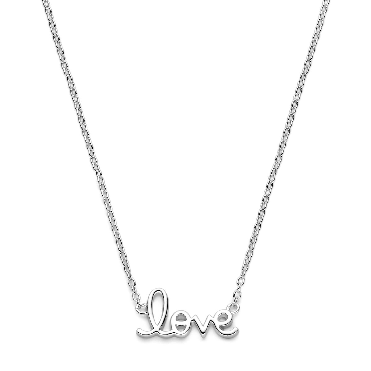 Collier aus rhodiniertem Silber mit dem Schriftzug "love" in geschwungener Schrift.