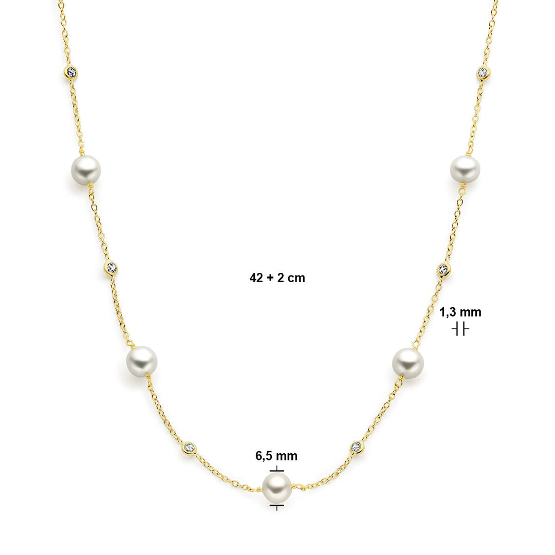 Gold Damenhalskette Perle und Zirkonia 14K