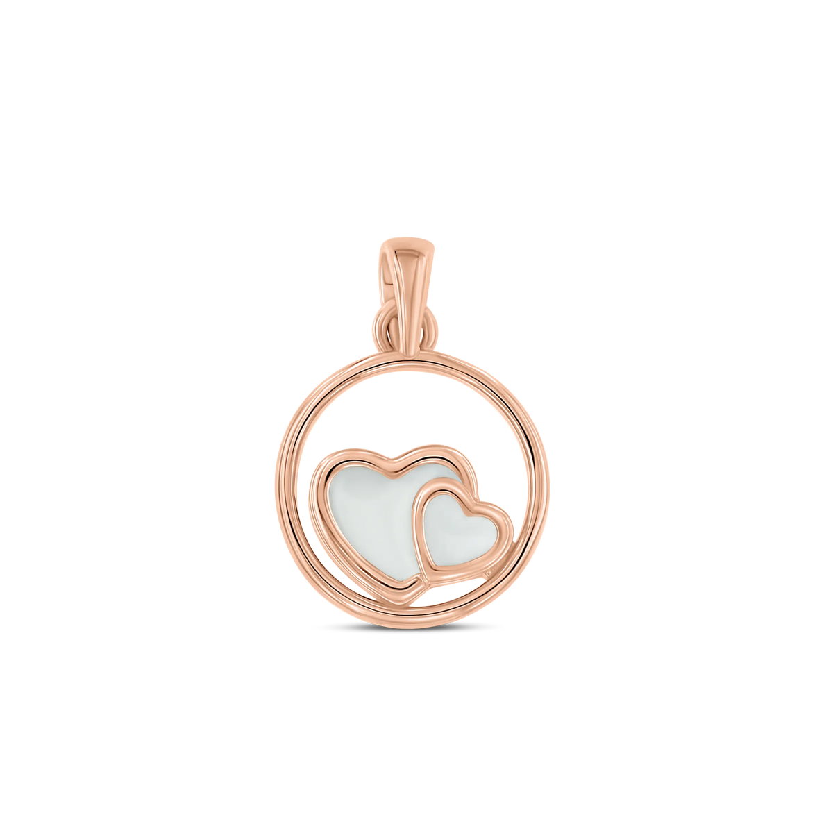 Het Amélie | AsHanger massief van Juwelier van der Kooij heeft twee witte hartvormen met roségouden omtrek in een roségouden cirkel, afgebeeld op een effen witte achtergrond.