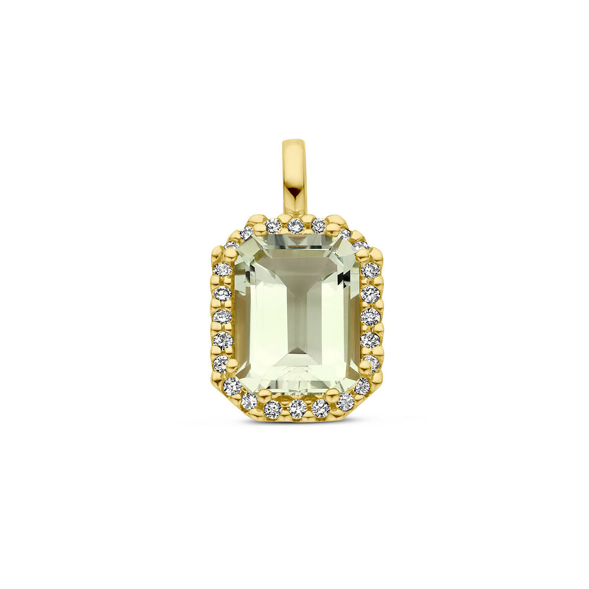 Hänger mit grünem Amethyst und 0,10 ct H SI Diamanten in Halo-Setting aus 18K Gelbgold