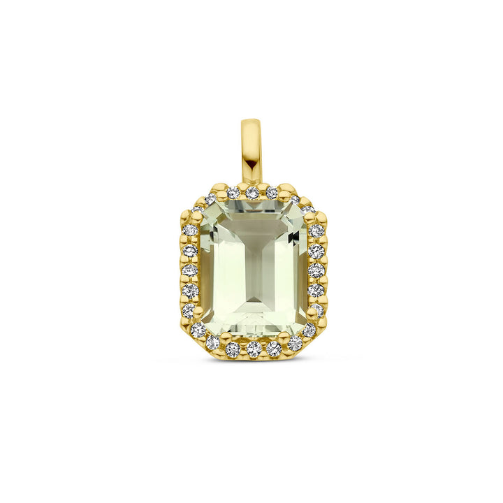 Anhänger grüner Amethyst und Diamant 0,10 ct h Si Halo 18 K Gelbgold