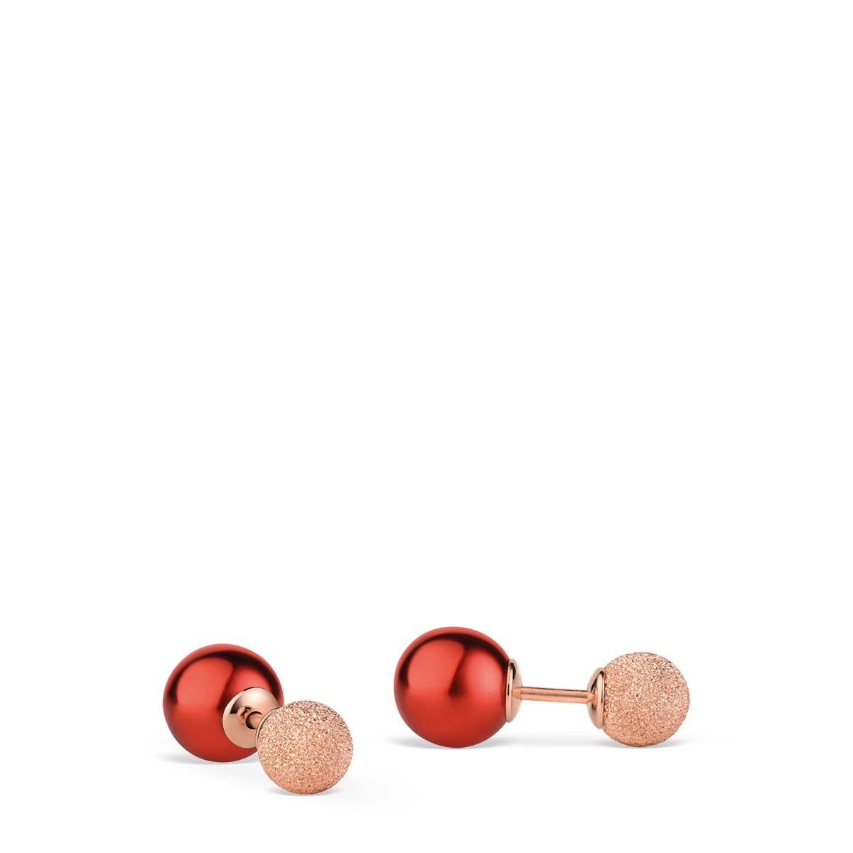 Ohrringe mit rotem, glänzendem Ball und roségoldenem, strukturiertem Ball
