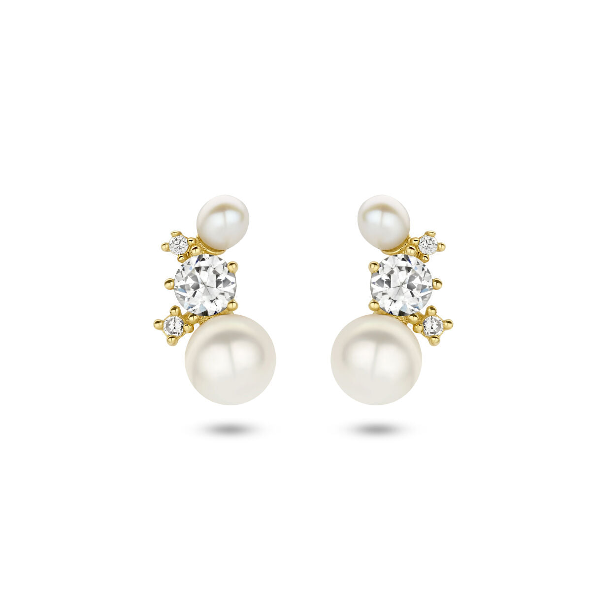 Ohrstecker aus 14K Gelbgold mit Perlen und Zirkonia, runde Form und funkelnde Details