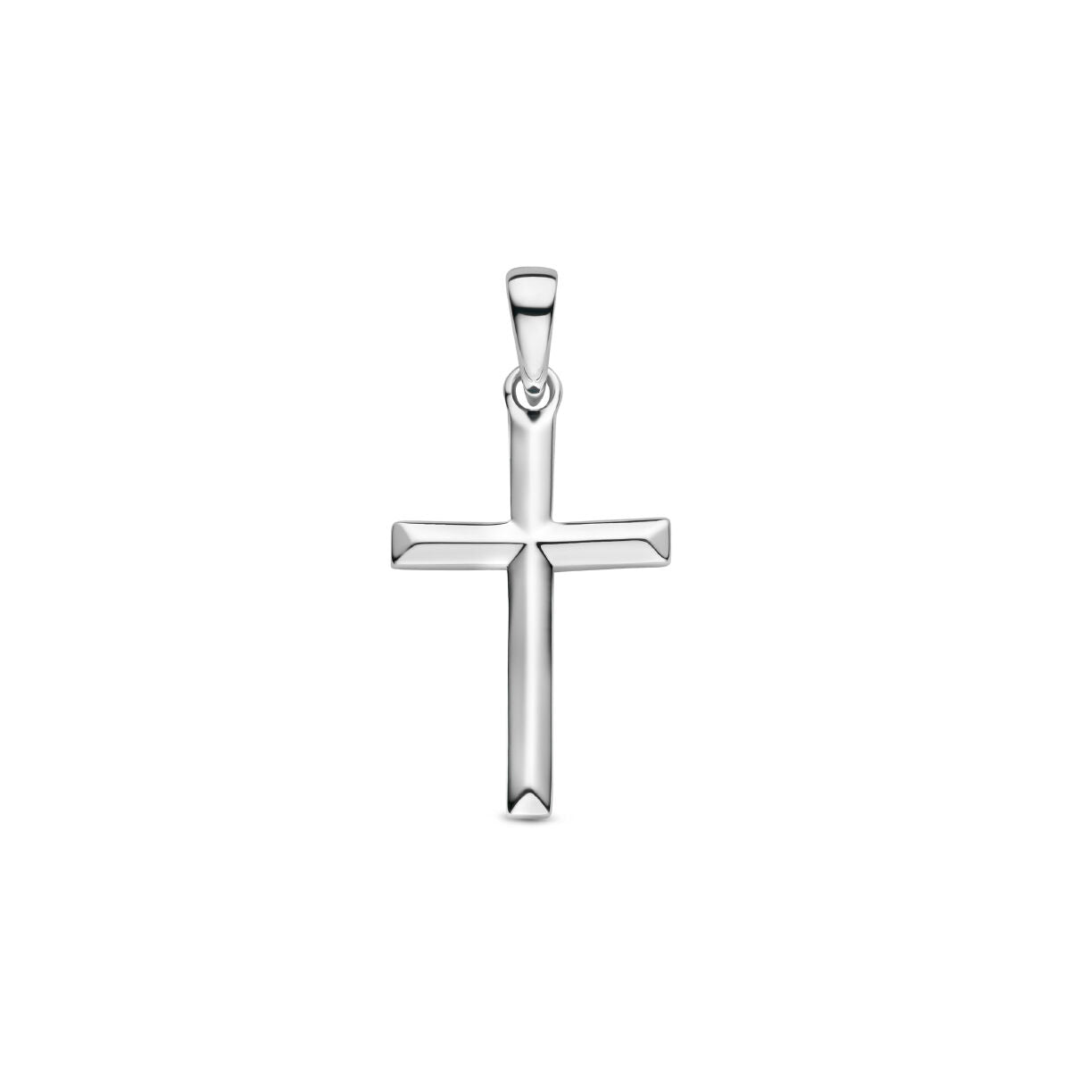 Hänger in Form eines Kreuzes aus rhodiniertem Silber mit klaren Linien und polierter Oberfläche