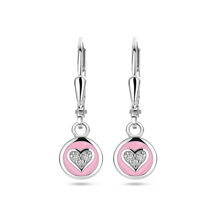 Ohrringe Herz Zirkonia und rosa Emaille Brisurhaken Silber rhodiniert