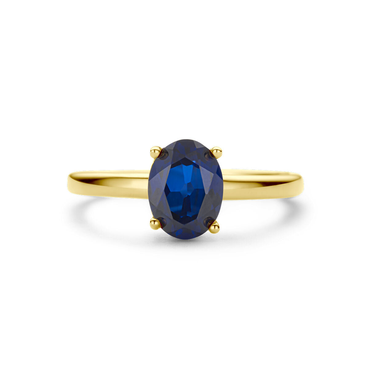 De Van der Kooij Collectie ring saffier 14K geelgoud heeft een enkele ovale blauwe saffier in een klassieke vierpoot-solitaire zetting, getoond op een witte achtergrond.