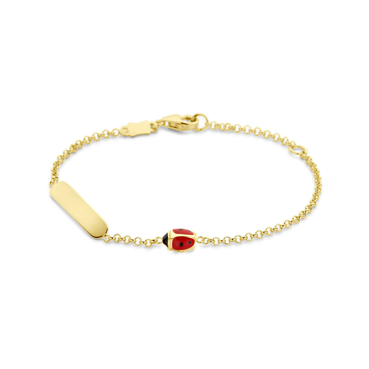 Babyarmband aus 14K Gold mit rotem Marienkäfer und schmalem, rechteckigem Plättchen