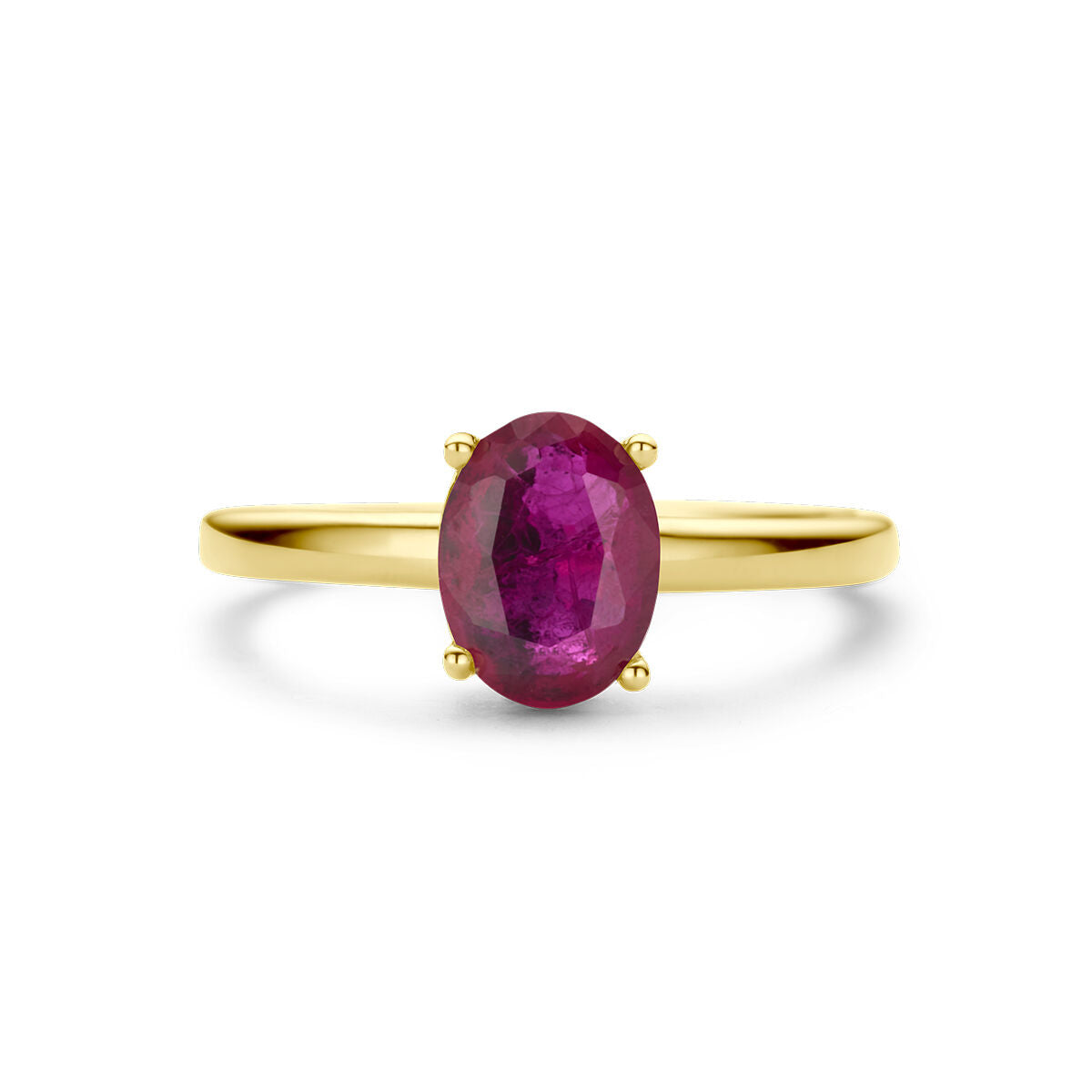 De Van der Kooij Collectie ring robijn 14K geelgoud heeft een eenvoudige gouden band en een ovaal geslepen dieprode robijn edelsteen gezet met vier tandjes in het midden.
