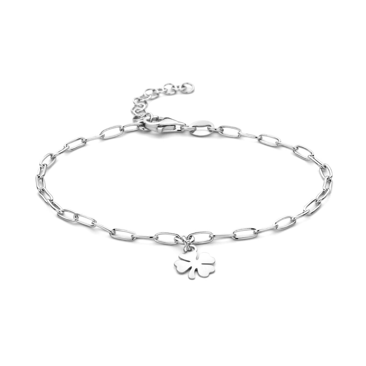 Armband aus rhodiniertem Silber mit klobigem Gliederdesign und einem kleinen Kleeblatt-Anhänger