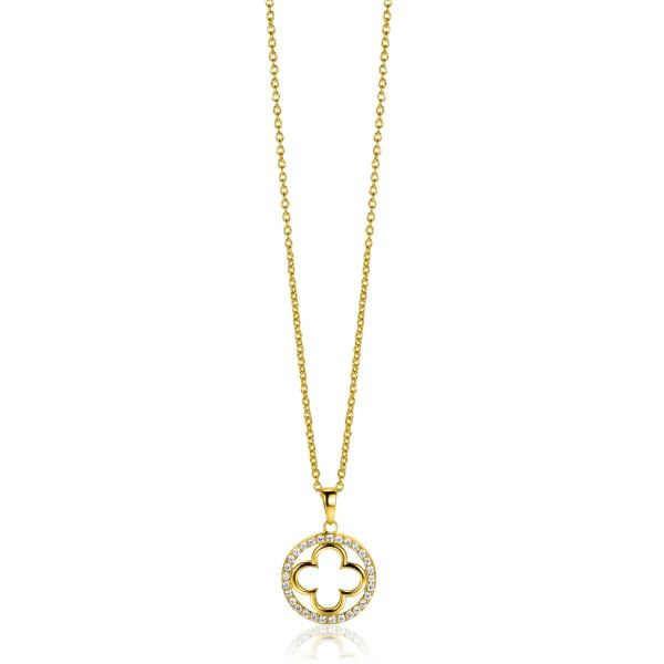 Halskette mit rundem Anhänger in Gold mit Zirkonia-Steinen und floralem Design