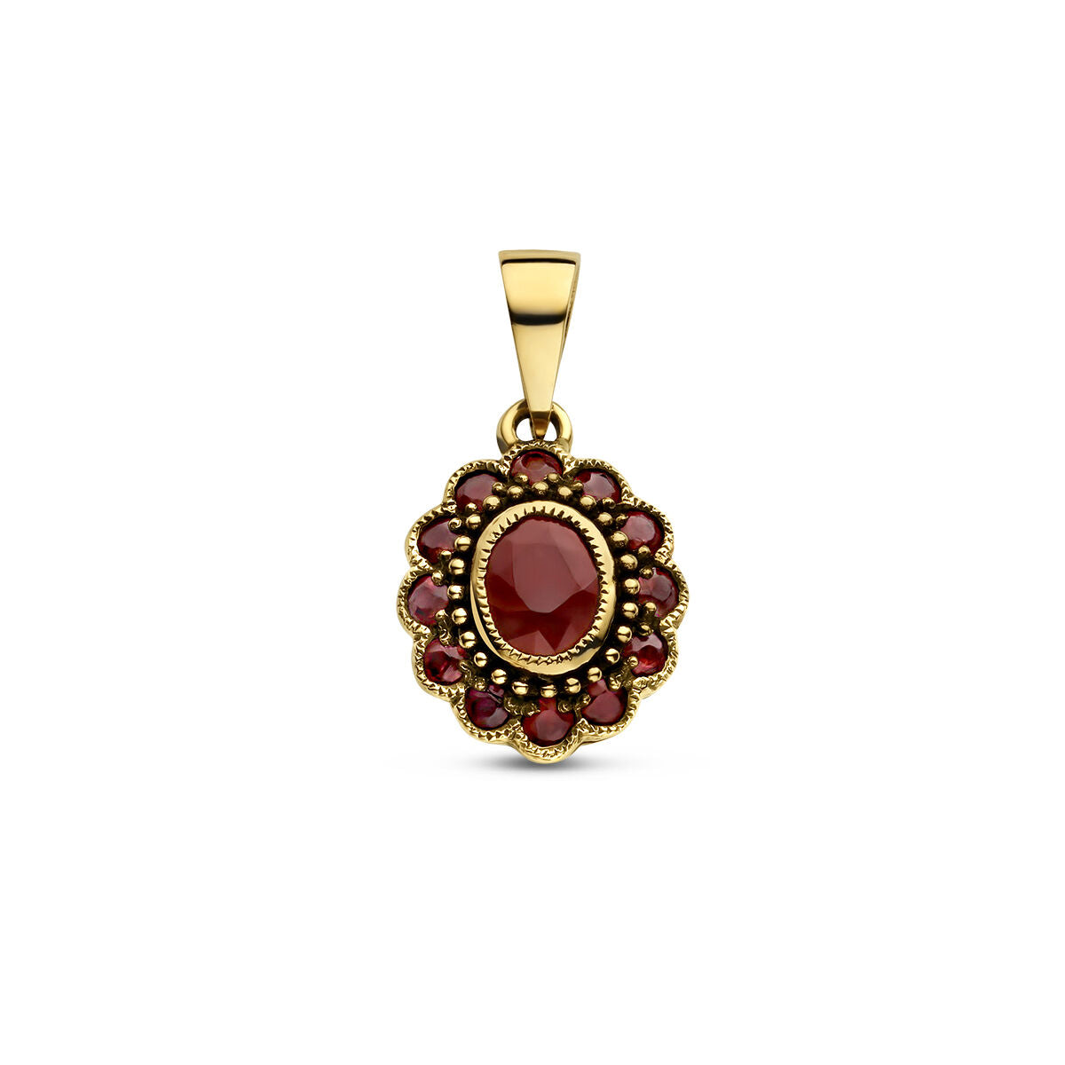 Hänger aus 14K Gelbgold mit ovalem Rubin und roten Ziersteinen in Blumenform