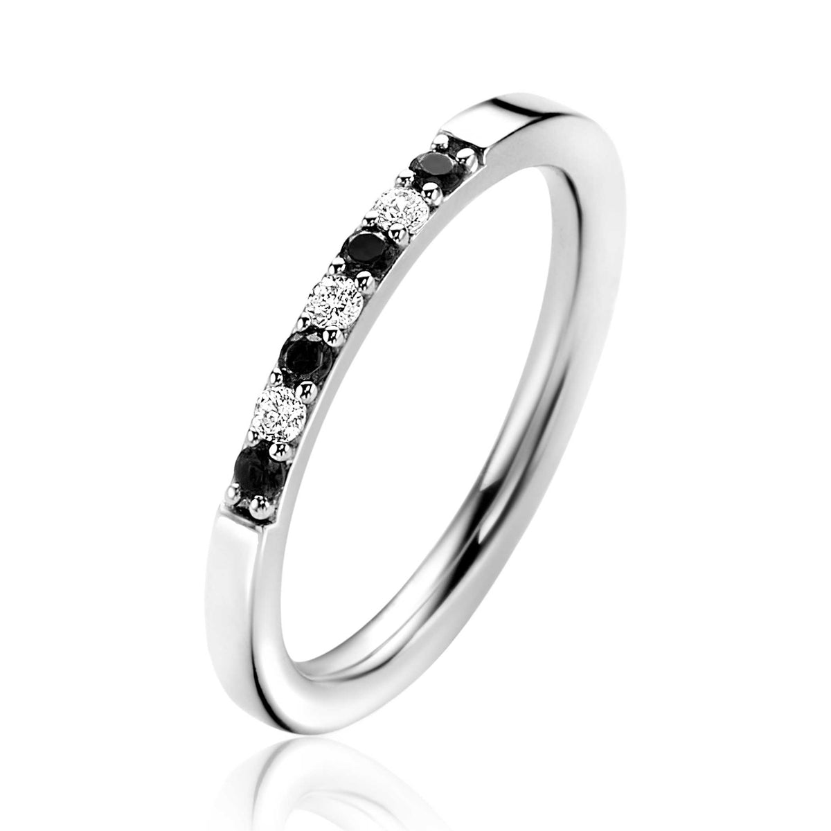 Ring aus Silber mit schwarzen und weißen Zirkonia-Steinen in einer schlichten, eleganten Form