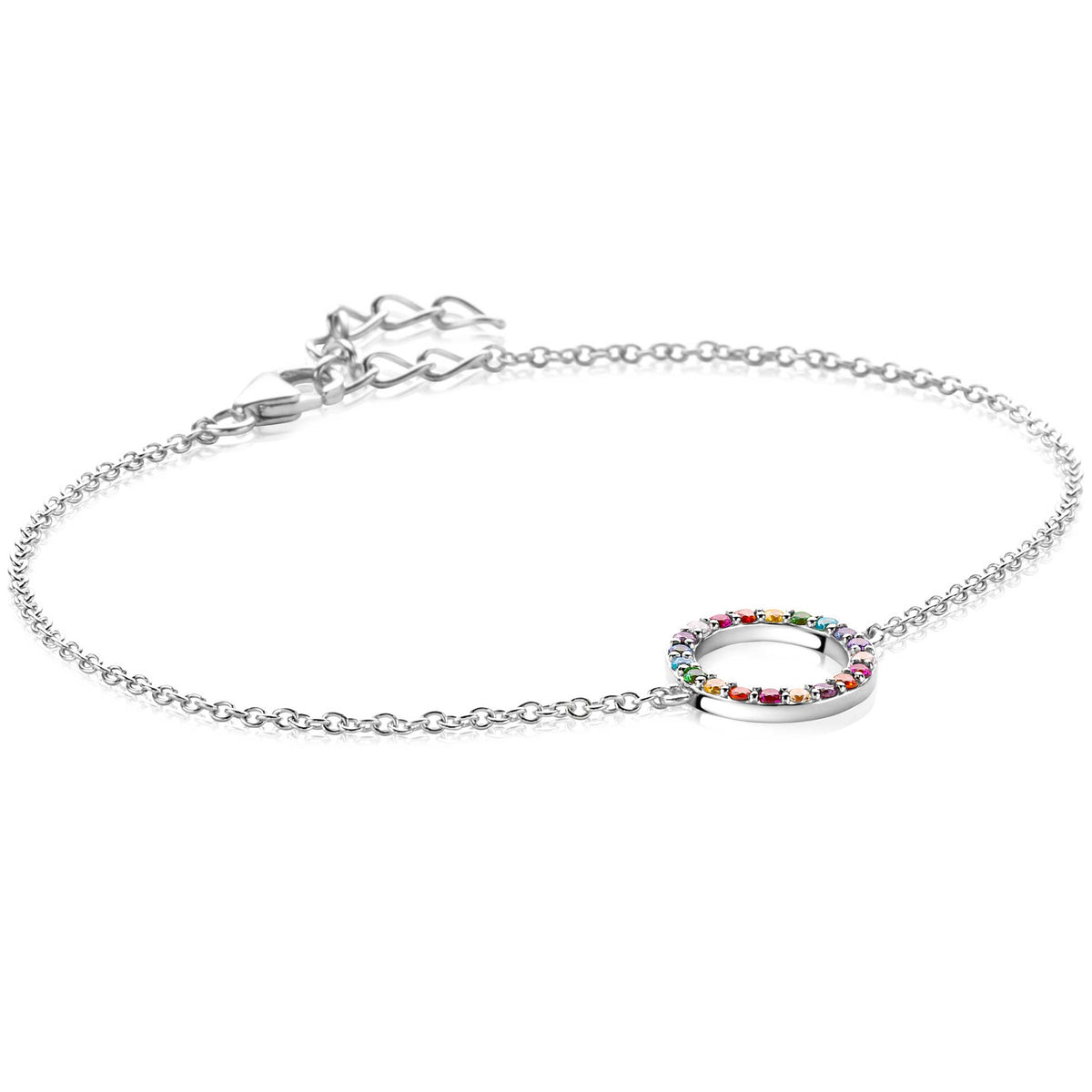 Silbernes Armband mit buntem, besetztem Ring und verstellbarem Verschluss