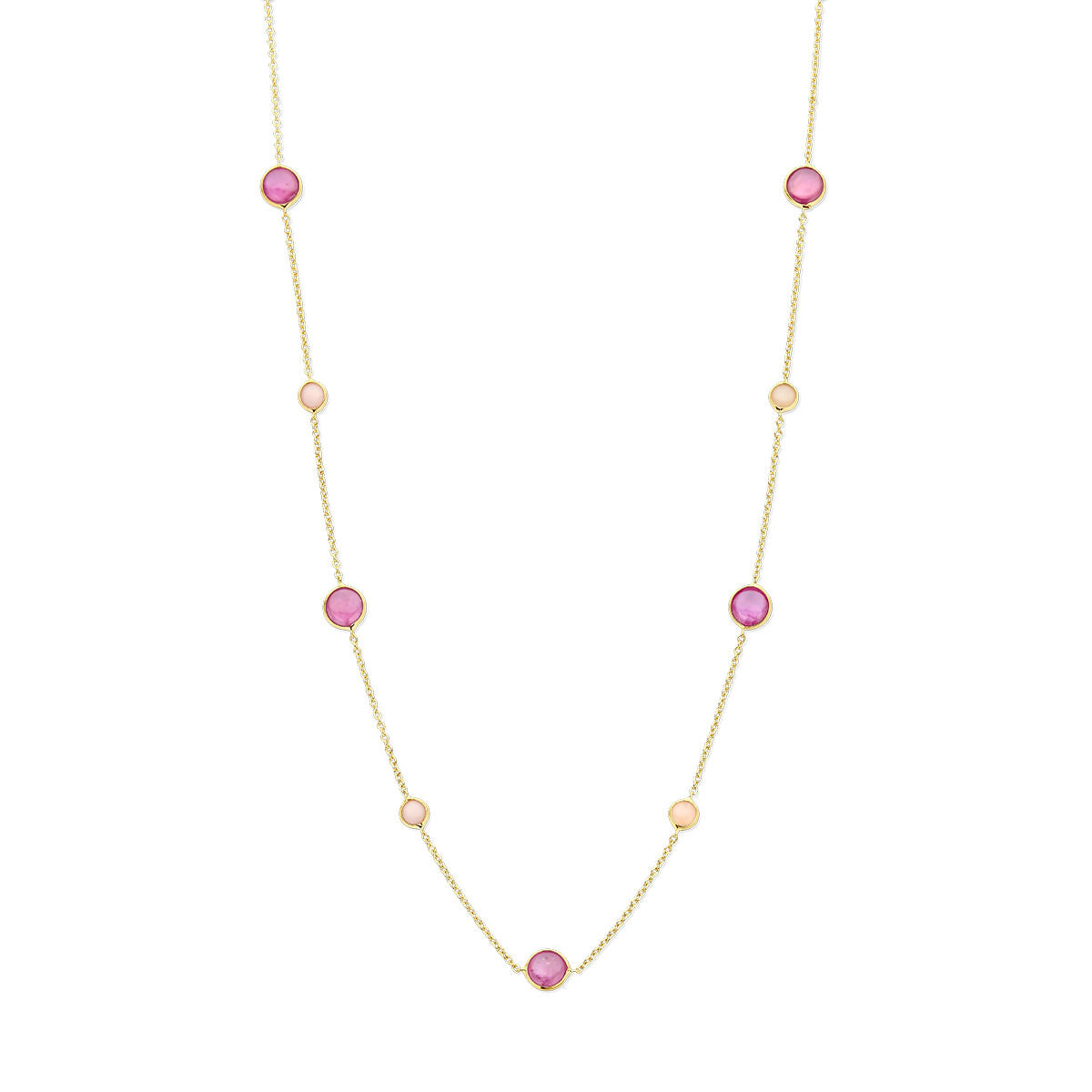Collier aus 14K Gelbgold mit rosa Rubin und rosa Opal, Länge 42-45 cm