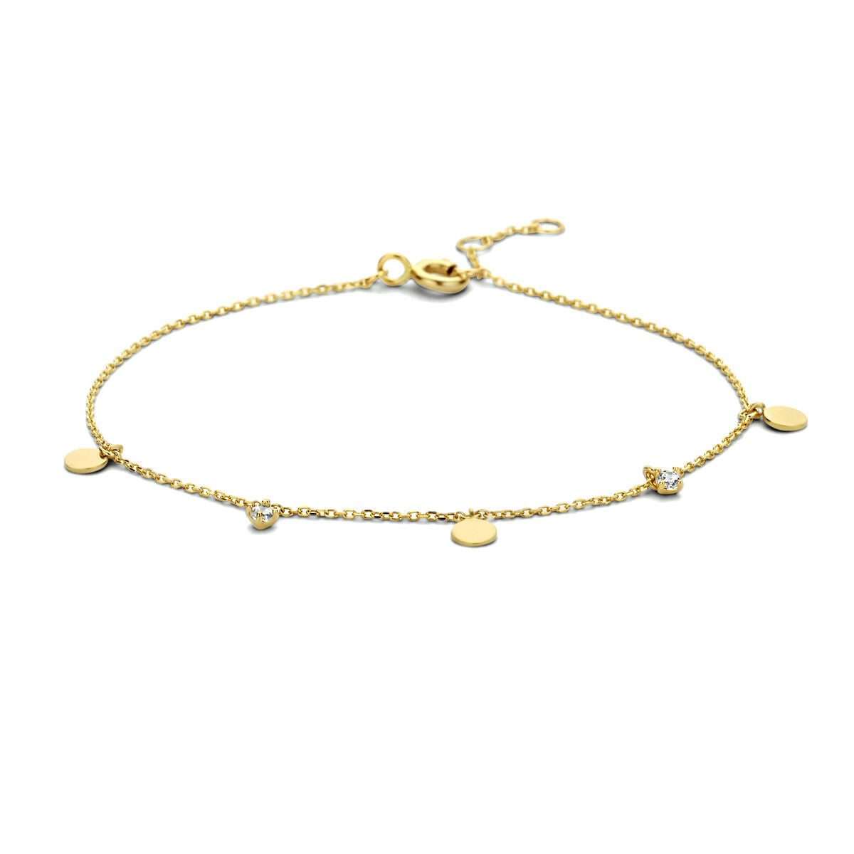 Goldenes Damenarmband mit runden Zirkonia und goldenen Plättchen aus 14K Gold