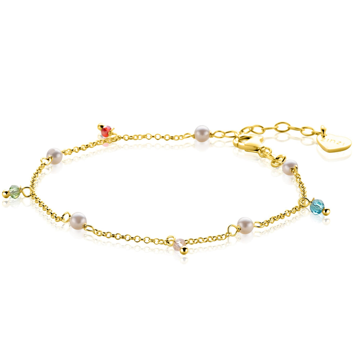 Armband aus vergoldetem Metall mit bunten Steinen und Perlen, feine Gliederkette