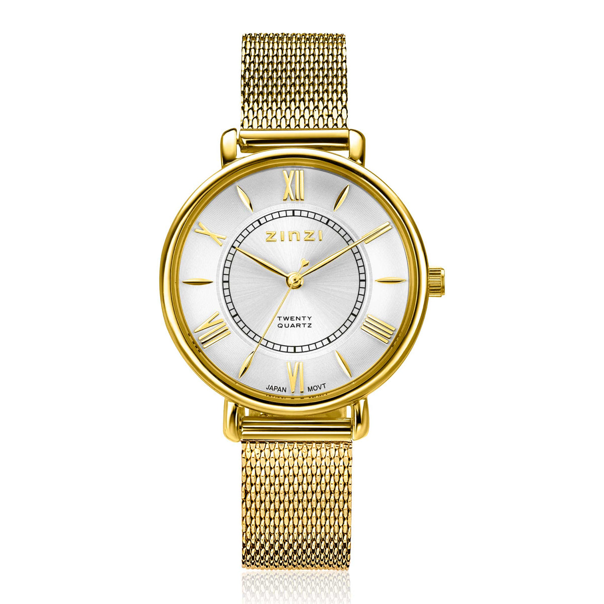 Goldplated Uhr mit silbernem Zifferblatt, römischen Ziffern und goldfarbenem Mesh-Armband
