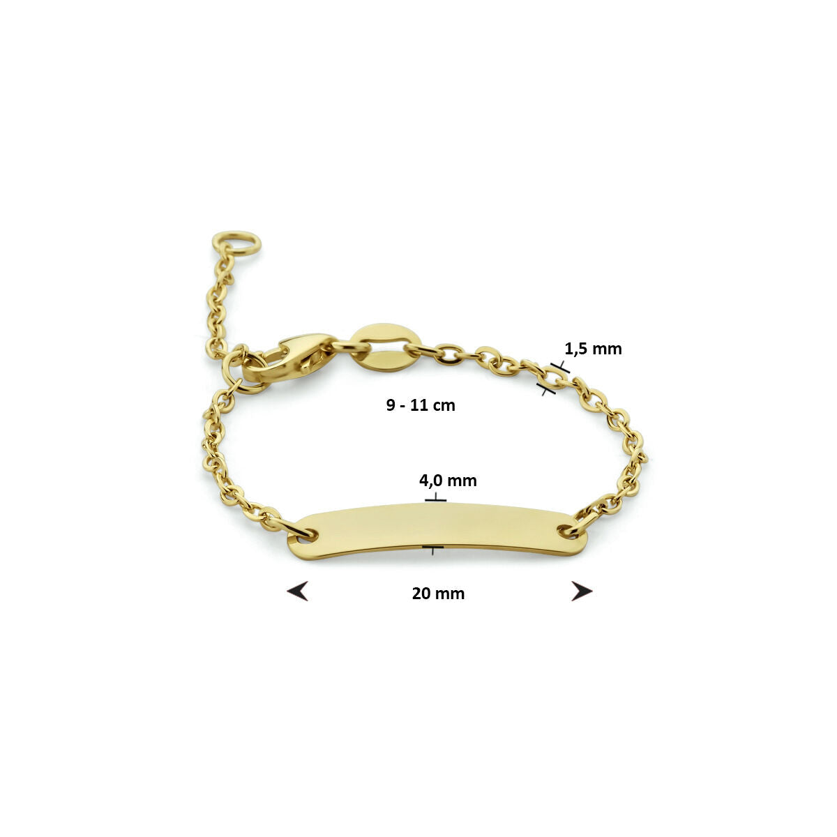 De Van der Kooij Collectie Baby armband plaat 4,0 mm 9K heeft een gouden ketting met een blanco rechthoekig naamplaatje (20 x 4 mm), 1,5 mm dikke ketting, verstelbaar van 9-11 cm-ideaal als geboorte geschenk.