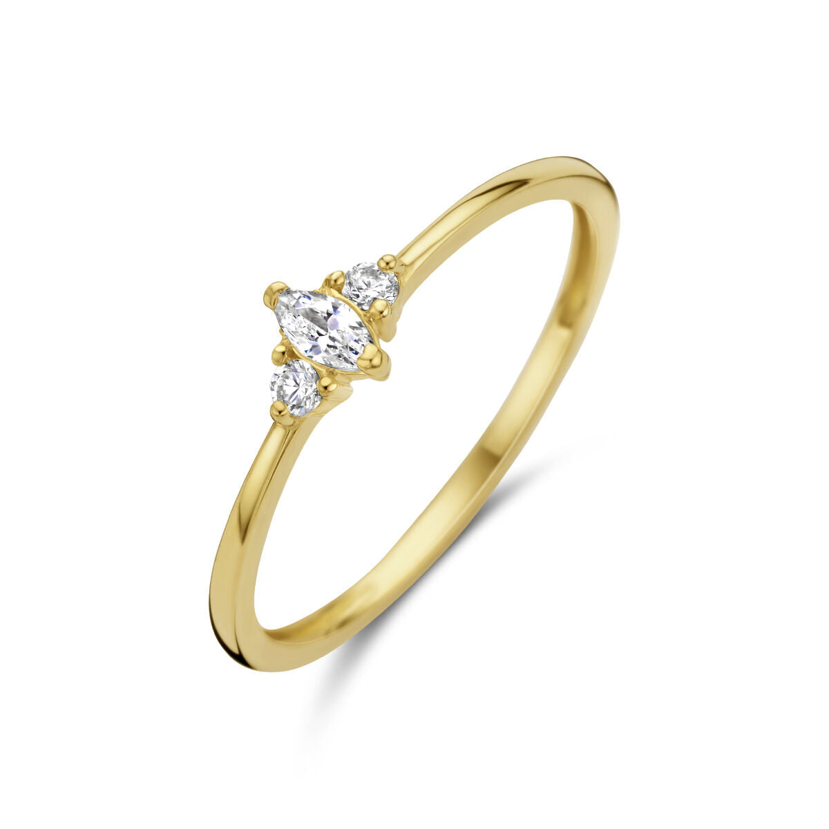 Ring aus 14K Gelbgold mit drei Zirkonia, zwei in Tropfenform und einem in der Mitte